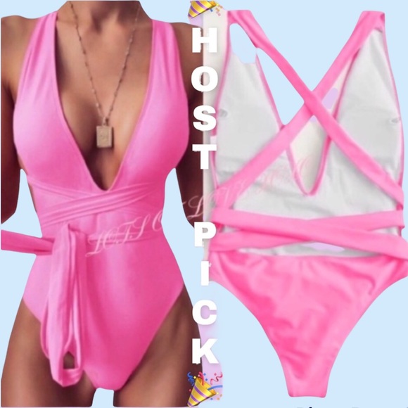 Other - PINK LINED DETAILED CRISS CROSS ONE PIECE SWIMSUIT